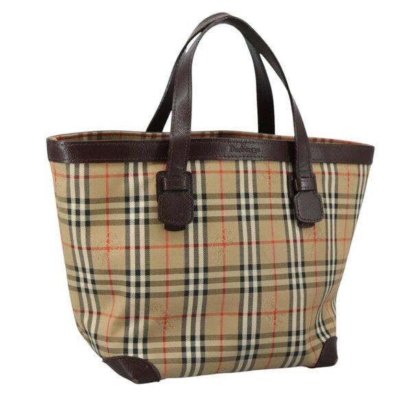 Burberrys Nova Check Hand Bag Canvas Leather Beige Brown Silver Auth - Picture 2 of 15